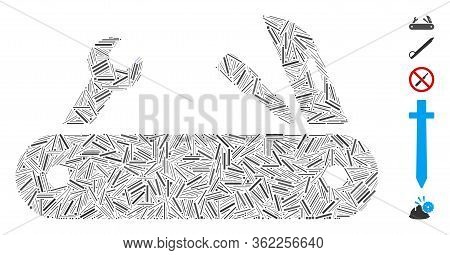 Line Collage Multi-tools Knife Icon Composed Of Thin Elements In Variable Sizes And Color Hues. Vect