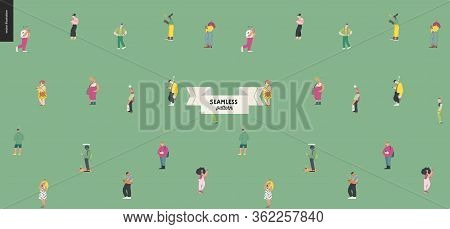 Waiting In Line, Seamless Pattern - Modern Flat Vector Concept Illustration Of A Young Men A Women S