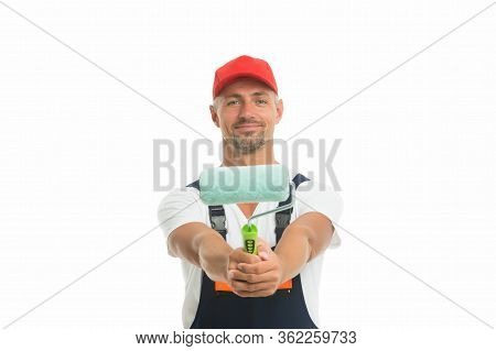 Color Man. Man Painter Decorator Isolated On White. Handy Man Hold Paint Roller. Work Man Wear Worki