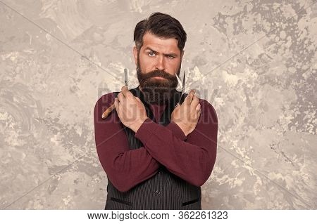 Facial Hair Care. Hiring Barber. Barber Equipment. Barber Salon. Man Bearded Hipster With Long Beard