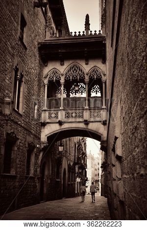 Pont del Bisbe and narrow street in Gothic Quarter in Barcelona Spain