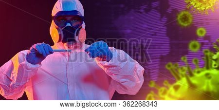 A doctor in a protective suit holds a test for COVID-19 on the background of a coronavirus spreading around the world.