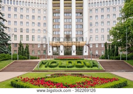 Chisinau, Moldova - June 24, 2019: Parliament Building of Moldova in Chisinau, Republic of Moldova. Summer panorama