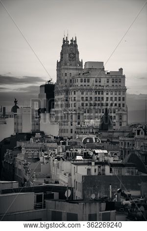 MADRID, SPAIN - MAY 13, 2018: Telefonica Building rise above historical buildings on Gran Via business district.