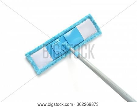Top view of blue plastic mop isolated on white
