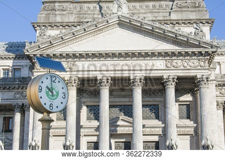 Buenos Aires City, Argentina. June 16, 2018.a Clock And The Front Of National Congress Of Argentina