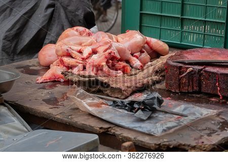 Chicken Flesh Put Up On Roadside Wheel Cart For Sale. At Territy Bazar, Kolkata, West Bengal, India.