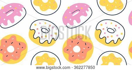 Donut Pattern, Various Glazed Donuts With Sprinkle Flying, Seamless Vector Background, Sugar Fast Fo