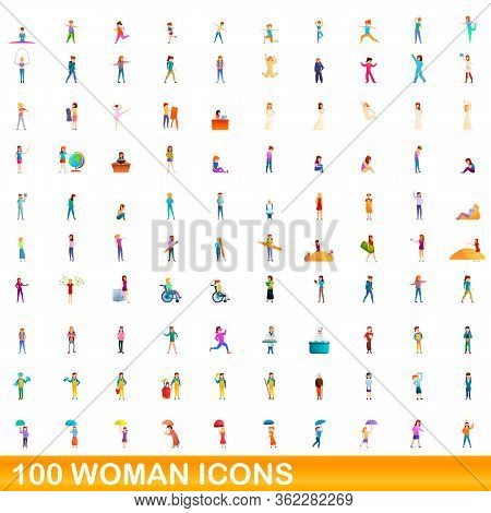 100 Woman Icons Set. Cartoon Illustration Of 100 Woman Icons Vector Set Isolated On White Background