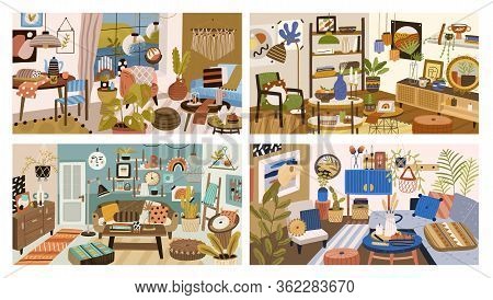 Set Of Various Modern Interior Design Of Living Room Vector Graphic Illustration. Collection Of Colo