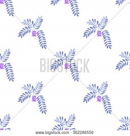 Seamless Pattern Of Cute Stylized Home Flowers In Pots. Hand Drawn Simple Flat Leafy Plants For Wrap