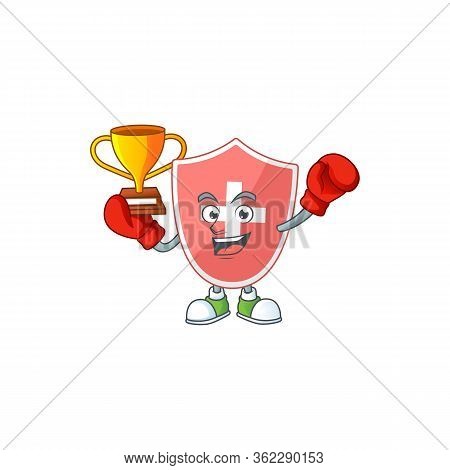 Proudly Face Of Boxing Winner Medical Shield Presented In Cartoon Character Design