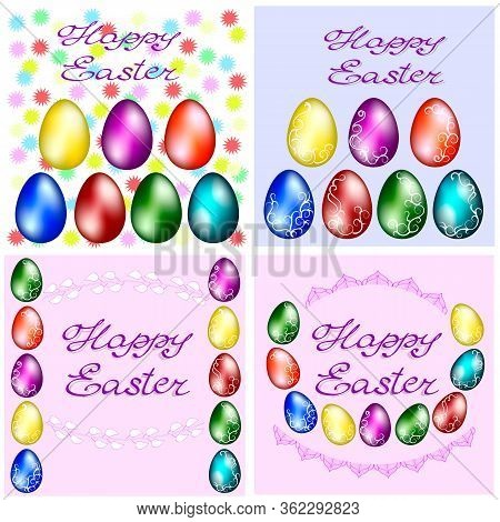 Collection Of Easter Cards With Text.multi-colored Easter Eggs In A Set Of Postcards.