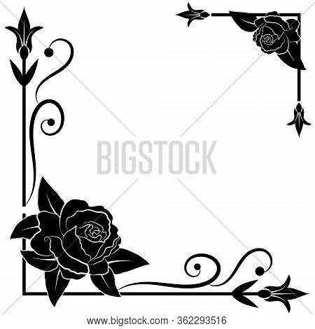 Frame With A Rose Of Black Color.elements For The Decor Of Black On A White Background.