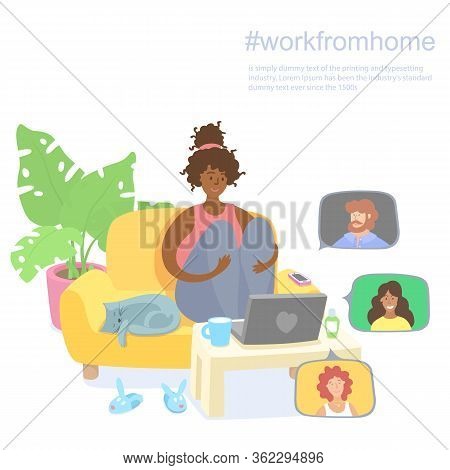 Dark Skinned Girl Works From Home With Her Pet.
