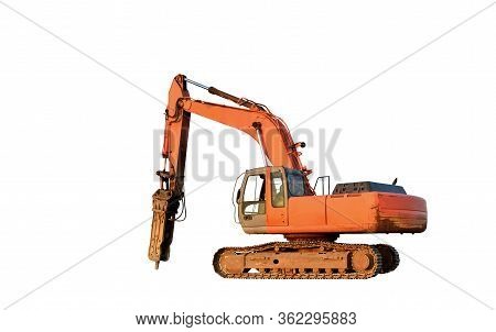 Excavator With Hydraulic Hammer Isolated On White Background. Isolation Of Backhoe For The Destructi