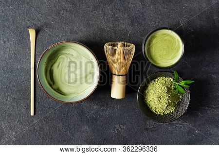 Organic Green Matcha Tea. Matcha Powder And Matcha Tea In A Bowl. Chashaku Spoon And Chasen Bamboo W