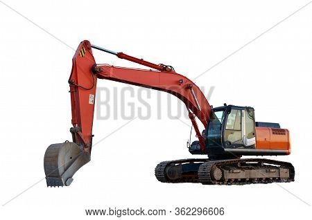 Red Tracked Excavator Isolated On White Background. Isolation Of Backhoe At A Construction Site