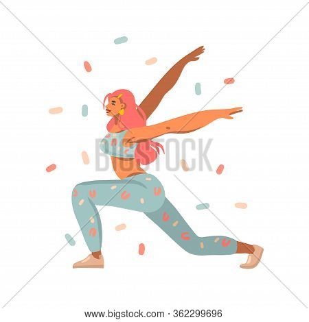 Hand Drawn Vector Abstract Stock Graphic Illustration With Young Happy Female Engaged In Fitness In 