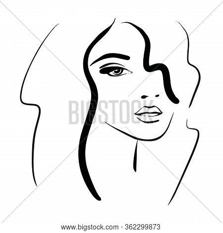 Vector Illustration A Woman Face Line Art Dlack Color Isolated On White