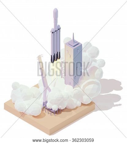 Vector Isometric Heavy Space Rocket Launch. Modern Spaceship Launch Pad. Rocket Lifts Off From The L
