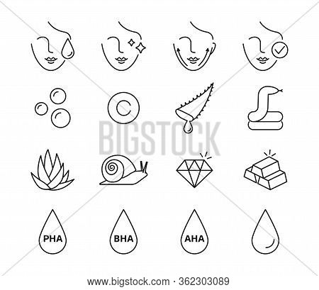 Skin Care, Beauty Treatment, Korean Cosmetics Vector Icons Set