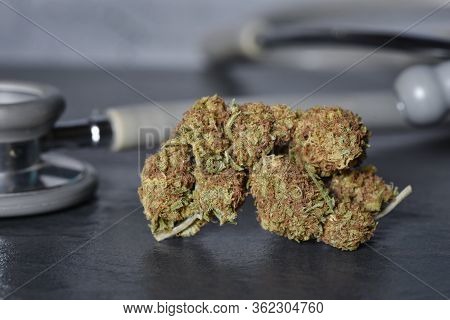 Hashish, Cannabis, Hemp Or Medical Marijuana Close Up Cannabis Buds With Doctors Prescription For We