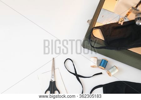 Workplace Of Seamis At Home With Vintage Sewing Machine White Backgroung Free Space For Text