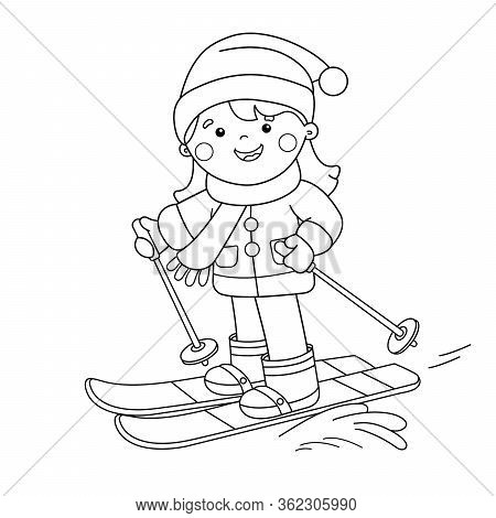 Coloring Page Outline Of Cartoon Girl Skiing. Winter Sports. Coloring Book For Kids