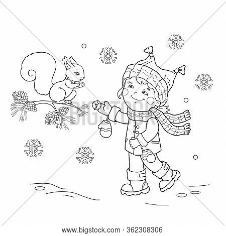 Coloring Page Outline Of Cartoon Girl Feeding A Squirrel. Winter. Coloring Book For Kids