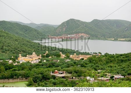 Landscape Of Man Sagar Lake With Hanuman Temple And Govind Devji Near Jaipur City, India