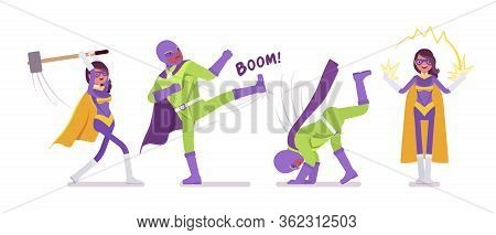 Male And Female Super Hero In Bright Costume, Superior Great Poses. Powerful Strong Brave Warriors, 