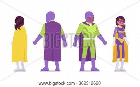 Male And Female Super Hero In Bright Costume Standing. Heroic Strong Brave Warriors, Superpower Peop