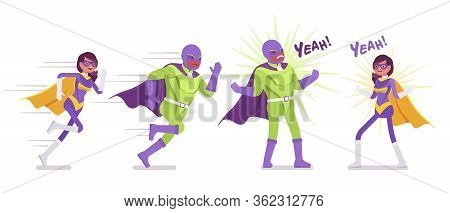 Male And Female Super Hero In Bright Costume Acting Heroically. Attractive Strong Brave Warriors, Su