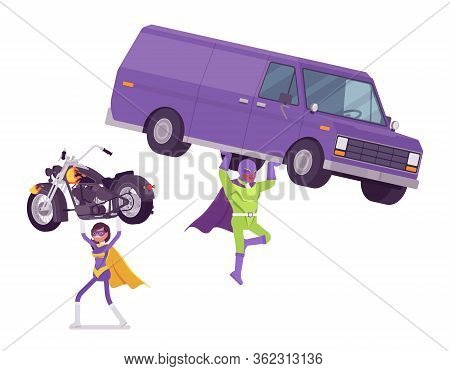 Male, Female Super Hero In Bright Costume Carrying Bike, Van. Heroic Strong Brave Warriors, Superpow