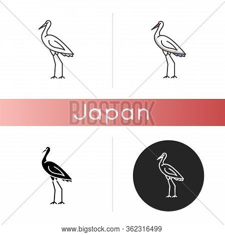 Crane Bird Icon. Heron Standing In Pose. Elegant Animal In Stance. Japanese Bird With Long Neck. Fau