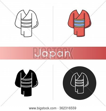Kimono Icon. Traditional Japanese Dress With Obi Belt. Oriental Yukata. Ethnic Asian Clothing. Maiko