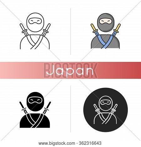Ninja Icon. Traditional Japanese Fighter. Asian Assassin In Mask And Costume. Samurai With Two Katan