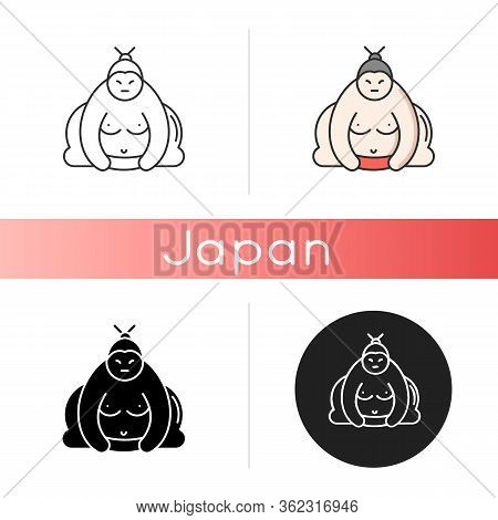 Sumo Icon. Traditional Asian Wrestler. Shirtless Large Athlete In Power Stance. Japanese Ringer. Man