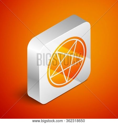 Isometric Pentagram In A Circle Icon Isolated On Orange Background. Magic Occult Star Symbol. Silver