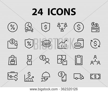 Set Of Business Vector Line Icons. It Contains User Symbols, Dollar Pictograms, Gears, Briefcase, Pu