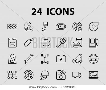 A Simple Set Of Car Services Related Vector Line Icons. Contains Icons Such As Oil, Diagnostics, Tur