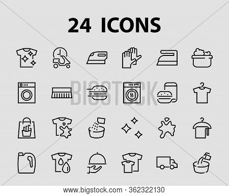 Simple Set Of Washing Related Vector Line Icons. Contains Icons Such As Washing Machine, Powder, Lau