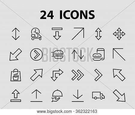 Set Of Line Arrows, Directions, Arrows, Contains Icons Such As Pause, Continuation, Directly, To The