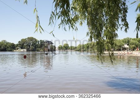 Gualeguaychu, Entre Rios / Argentina; Dec 26, 2018: Beach With People Bathing In The Gualeguaychu Ri