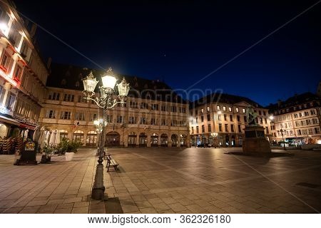 Strasbourg, France - Mar 17, 2020: Empty No People On The Abandoned Place Gutenberg As Authorities I