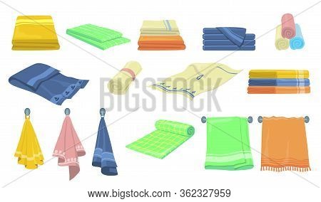 Bath And Kitchen Towels Flat Icon Kit. Cartoon Fabric Hanging On Hook, Rolled And Folded Cloth Vecto