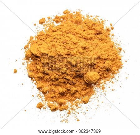 Turmeric powder or curcuma powder, commonly used as a spice or dyeing. Isolated on white background.