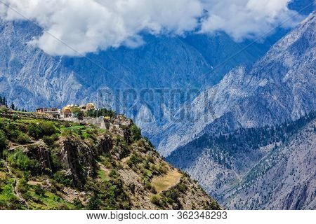Triloknath village in Himalayas famous for Triloknath Temple with clouds. Lahaul valley, Himachal Pradesh, India