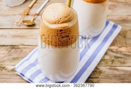 Iced Frothy Dalgona Coffee, A Trendy Fluffy Creamy Whipped Coffee. Korean Drink: Coffee Foam Made Of